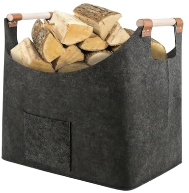 Cesta para leña de fieltro con bolsa, cesta grande de madera para guardar leña y guardar en interiores, cesta plegable favorita para madera, periódicos y juguetes, color gris oscuro