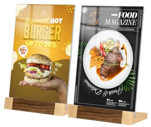 FRWXUIEO Acrylic Sign Holder with Wood Color Base, L Shape 5.8 x 8.3 Inch Menu Holder Stand QR code Sign Clear Picture Frame Display for Store/Coffee Shop/Restaurant 2 Pack