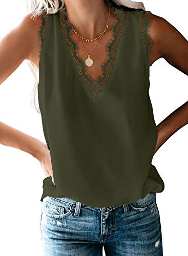 Dokotoo Womens Vests Tops V Neck Sleeveless Tank Top for Women Summer Ladies Camisole T-Shirts Fashion Women's Camisoles Lace Trim Chiffon Blouses Shirts Vest Green UK XL 18-20