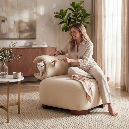 Merax Modern Accent Chair with Curved Pet-Cave Backrest, Living Room Armchair with Scratch-Resistant Polyester Fabric, Sturdy Wooden Base, Space-Saving Lounge Chair for Bedroom, Office, Beige