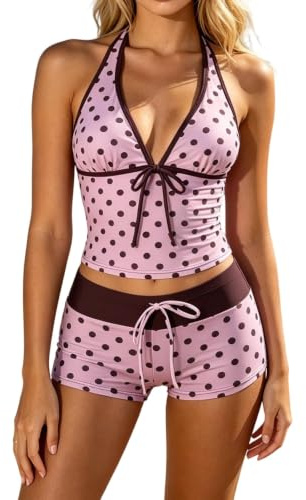 Y2k Vintage 2 Delar Bikini Set Coquette Halter Tankini Top Med Shorts Polka Dot Beach Baddräkt Semester(Pink,L)
