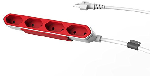 Dr. Bott Power Bar, 2-pin Reiseadapter und 4X Verteiler, Steckdosenleiste mit 1,5 m Verlängerungskabel, Power Strip, Steckdose Euro 8 220V - 240V, Rot