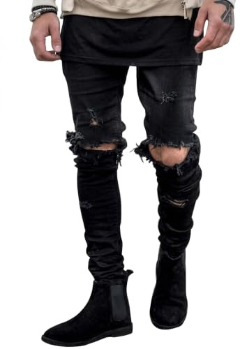 HUNGSON Men's Ripped Skinny Jeans Stretch Slim Fit Jeans Pants for Men
