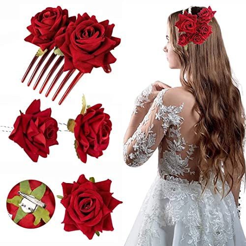 4 Piezas Flor Rosa Horquilla，Rose flor accesorios，Es adecuado para cócteles de boda y fiestas de té.