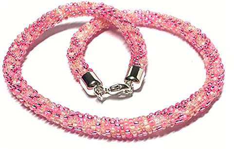 Halskette gehäkelt Glasperlen 925 Silber Schließe Handarbeit Unikatschmuck Häkelkette 45cm rosa pink