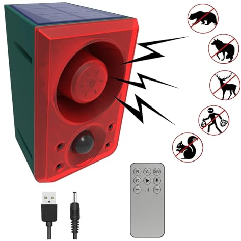 HULPPRE Solar Outdoor Motion Sensor Alarm-Dog Barking&Gunshot Sound,Support Recording&±Volume,130db Loud Noise Maker,3 Work Modes Strobe Light with USB,Say Goodbye to The Intruders