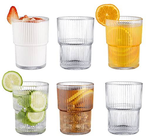 BJMEDYM Ribbed Glassesware 14 Oz Ripple Drinking Glasses Iced Coffee Glasses Glass Cup Set Of 6 Vintage Drinking Glasses Water Glasses Fluted Glassware Cocktail Glass Cute Glass Cups