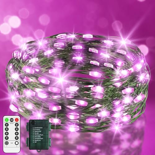 9.9 FT 60 LED Fairy Lights Battery Operated String Lights Green Copper Wire Christmas Lights with Remote Timer 8 Modes for Tree Greenery Bedroom Garland Wreath Garden Wedding Decoration Pink