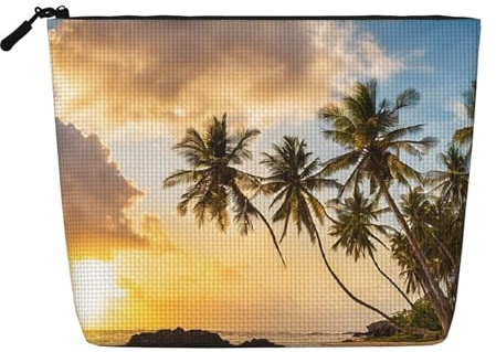 EZDLOWVBA Sunset Hawaiian Palm Tree Print Sunset Hawaiian Palm Tree Print Fake Hemp Makeup Bag â€“ Travel, and Daily Storage Essential â€“ Reusable Cosmetic Bag, Zipper Pouch, Make-Up Tool