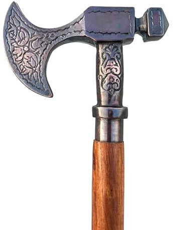 Dekorativer Wikingeraxt Gehstock, geschnitzter Holzstock mit antikem Griff, rotes Holz, faltbarer Gehstock für Männer und Frauen, Geschenk