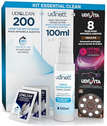 8 Pilas para Audífonos Tamaño 312 PR41 (Marrón) + Spray de Limpieza con Cepillo Integrado Sin Alcohol Udinett 100ml + 200 Toallitas Limpiadoras Udiclean Tamaño de Bolsillo - Kit Essential Clean