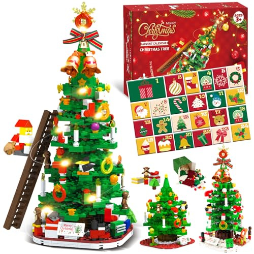 Calendario de Adviento 2025 & Decoración de Navidad para Construir, 24 Bloques de Árbol de Navidad con Guirnalda de Luces - Cuenta Atrás Creativa para Niños y Familia