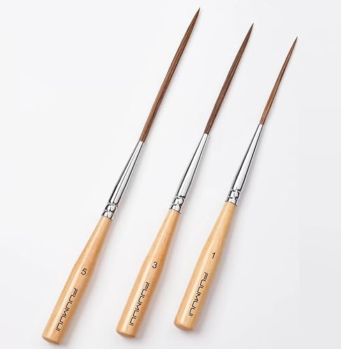 Fuumuui 3PCS Long Liner Brush with UK Design Patent - Natural Ox Hair for Watercolor, Gouache, Ink & Acrylics - Detailing Artist Tool