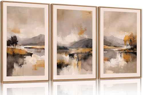 CHIDTB 3Pcs Abstract Neutral Canvas Wall Art Set,Beige Grey Fall Mountain Framed Wall Decor,Watercoler Lake Artwork,Brush Stroke Autumn Forest Landscape Prints for Living Room Bedroom Office(40x60cm)