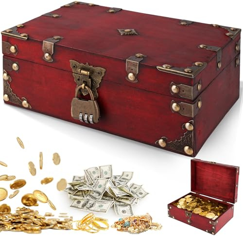 Otauoaea Scrigno Legno Scatola con Lucchetto, Scatola Ricordi Bauletto Legno Scrigno del Tesoro Vintage, Forziere del Tesoro Pirata catola con Coperchio e Lucchetto, Baule legnos Piccolo,Rosso
