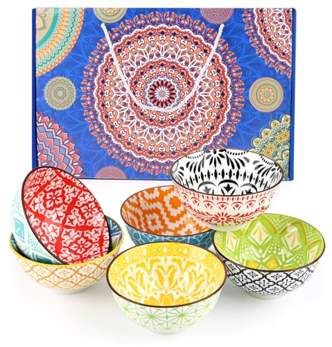 Ceramic Bowls Set of 6 – 10 oz Bohemian Style Colorful Small Bowls for Rice, Dessert, Ice Cream & Tapas | 4.6 Porcelain Serving Bowls with Gift-Ready Packaging, Microwave & Dishwasher Safe