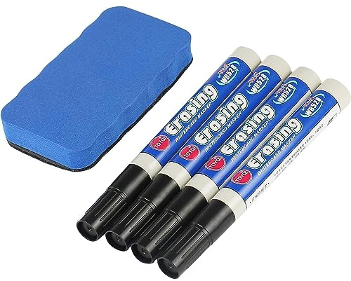 AMATHINGS Whiteboard Marker Whiteboard Stifte nachfüllbar – Whiteboard Stifte abwischbar 4 Stück in Schwarz mit runder 2mm Spitze – Markerstifte Set mit Whiteboard Schwamm in Blau