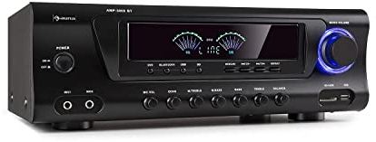 auna AMP 3800 BT 5.0 - Amplifier HiFi-Verstärker, 2 x 120 Watt + 3 x 50 Watt RMS, Bluetooth-Funktion, USB-Port, SD-Slot, 2 Mikrofon-Anschlüsse, DVD-Stereo-In, Stereo-Line-Out, schwarz