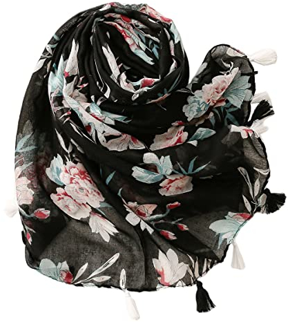 FAIRYGATE Damen Schal schwarzer Schals mit großem Blumendruck übergroßer Deckenschal Herbstschal Winterschal XXL Oversized Fransen Poncho Geschenke für Frauen 52016