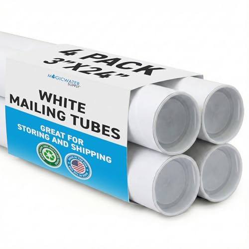 MagicWater Supply Mailing Tube 3 in x 24 in White - 4 Pack - for Shipping and Storage of Posters, Arts, Crafts, and Documents