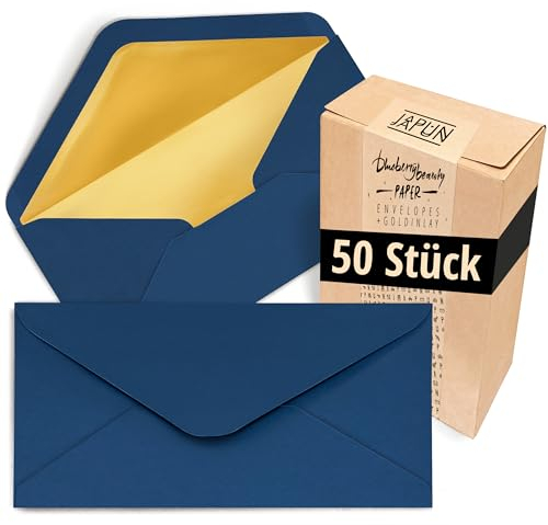 Japun – Briefumschläge (50 Stück), Kuvert, Umschlag ohne Fenster - DIN lang - 220 x 110 mm - innen: Gold - Papier-Farbe: blau