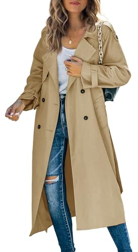 Makkrom Women's Double Breasted Long Trench Coat Windproof Classic Lapel Slim Overcoat with Belt