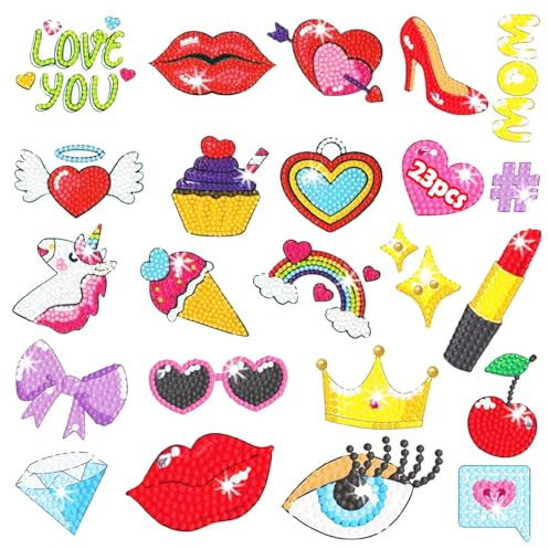 Acuiwer 23STK Valentinstag Diamond Painting Kinder DIY Diamant Aufkleber Kit Diamantmalerei für Kinder Rote Lippen Geburtstags Geschenk für Jungen Mädchen (#10-Red Lips-23 Stk)