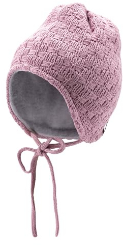 Sterntaler Strickmütze Schleifen - Mädchen Babymütze mit Ohrenklappen und Bindeband - warme Kindermütze mit eingestrickten Schleifen und Baumwollfleece-Futter - mattrosa, Größe 45