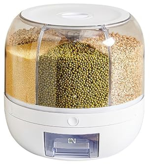 KISABAER Seau à Riz Rotatif, Distributeur de Nourriture à 360 ° à 6 Grilles Conteneur de Stockage de Riz Transparent Distributeur de Céréales à Grains Rotatif Rond Boîte de Rangement de Fruits (T1)