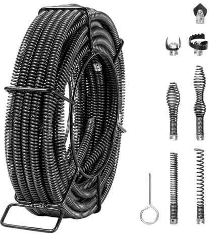VEVOR Cable de Limpieza de Drenaje, Cable Limpiador de Drenaje Seccional Profesional con 7 Cortadores para Tuberías, Cable de Barrena de Drenaje de Alcantarillado de Núcleo Hueco 395 x 395 x 117 mm