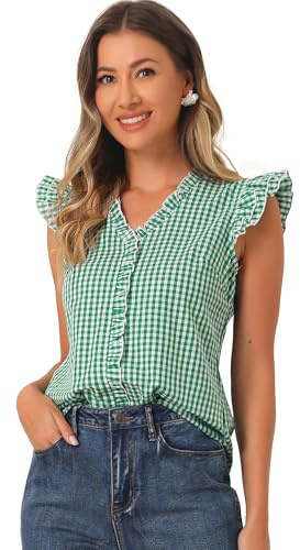Allegra K Rutig skjorta dam vintage klassisk topp ärmar kepsar blus volangblus sommar V-ringad blus, Färg: grön, M