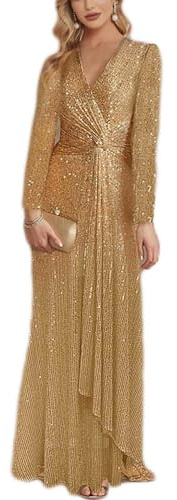 meilun Gold Long Sleeve Sequin Dress for Women Formal Evening Gowns Sparkly V Neck Maxi Dress for Wedding Guest,M