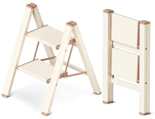 GameGem Escalera de 2 Peldaños, Taburete Plegable con Plataforma Ancha Antideslizante de Aluminio Ligero Pero Resistente, Carga Máxima 150 kg, Diseño Moderno para Espacios Domésticos Interiores