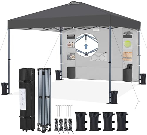 Yaheetech 2.5x2.5M Carpa Pop-Up con Botón Central con Pared Lateral de 9 Bolsillos de Almacenamiento, 1 Bolsa con Ruedas 4 Sacos de Arena para Playa, Patio, Camping y Jardín, Gris Oscuro