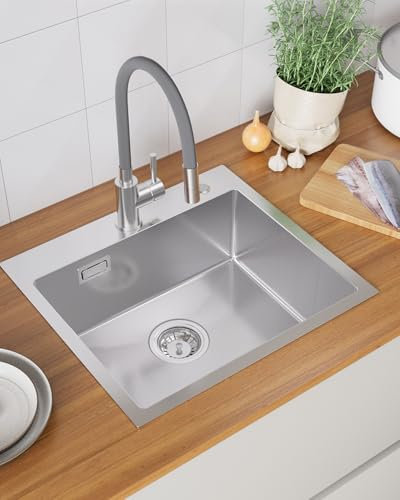 Sofetiy - Fregadero de cocina 50×45 cm, fregadero empotrado de acero inoxidable rectangular, fregadero de cocina moderno, lavabo de cocina SUS 304, lavabo de cocina con sifón, a partir de 50 cm de