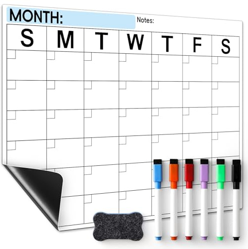 Dry Erase Magnetic Calendar for Refrigerator - Monthly Planner Magnet Whiteboard for Fridge Wall Door - Shopping, Meal/Menu, to Do List, Family Schedule Planning Board with 6 Markers - Black