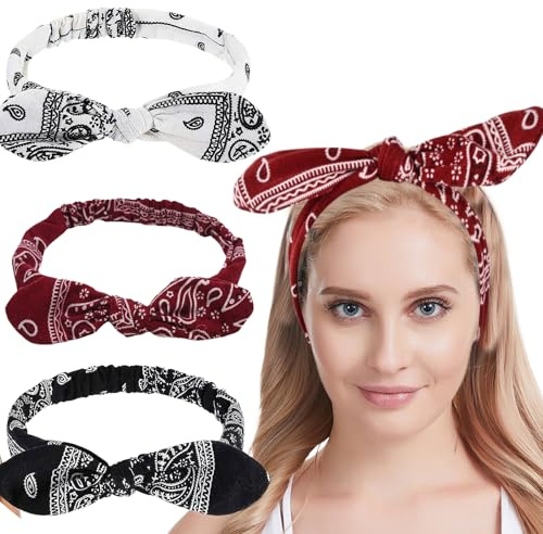 Culinavog Set de 3 Diadema Bandana de Lazo Bohemia, Bandas Elásticas Ajustables, Estampado Paisley Diadema de Orejas de Conejo Vintage para el Cabello, Yoga, Deporte y Uso Diario (Rojo+Blanco+Negro)