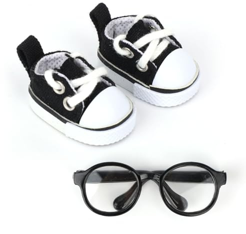 Mikovivi 2 Pièces Chaussures et Lunettes pour Poupée de 17 cm, Mini Baskets Décontractées en Toile à Lacets et Lunettes Accessoires de Tenue Poupée Mignons (Noir)