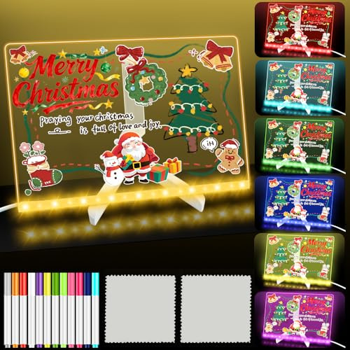 HIQE-FL Tableau à Message LED,30x20cm Tableau Lumineux,12 Stylos de Couleur,7 Types de Lumière Colorée Réglable,Avec interrupteur,Essuyable,Acrylique Lumineuse Message LED
