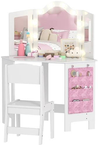 AIYAPLAY Kids Dressing Table and Stool Set, Girls Vanity Table with 2-Colour LED Lights, Tri-Folding Mirror and Side Storage Pocket, Children Makeup Desk for Ages 3-8 Years, White