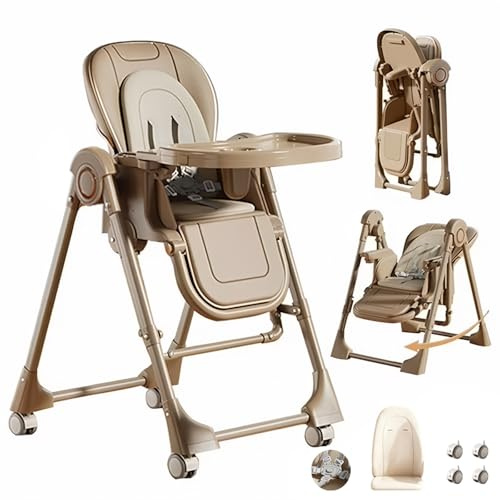 Magic ZC Cuero PU Trona para Bebé Silla de Comedor para Alimentación de Niños Pequeños con Alturas Ajustables y Posiciones Convertible Plegable Multifuncional (X8121 Khaki)