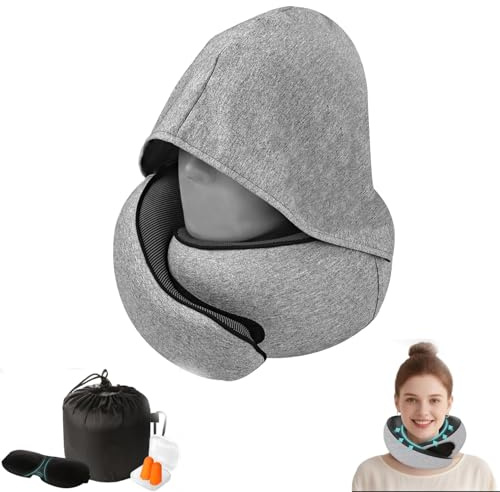 GUOMIS Almohada Viaje,Almohada Cervical Viaje,Cojin Cervical Viaje de Espuma Memoria,con Capucha, Incluye Antifaz 3D y Tapones para los oídos. Ideal para Viajar. (Gris Claro)