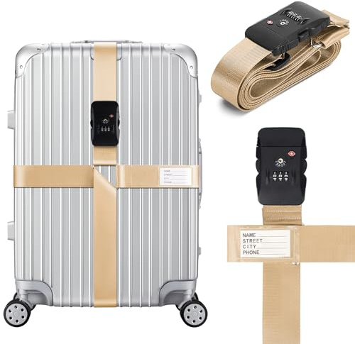 Linpr Cinghie per Valigie, Cinghie da Viaggio con Lucchetti TSA, Cinghie di Imballaggio Visibili e Sicure, Cinghia Regolabili a Forma di Croce, Accessori da Viaggio (Cachi)