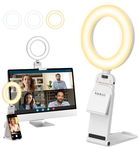 Evershop Ringljus laptop mobiltelefon PC, 5 tum ögonvård LED-ring ljus med stativ och mobiltelefonhållare 3 ljusfärger + 10 ljusstyrkor 360° vridbar belysning ringlampa för videokonferens, hemmakontor