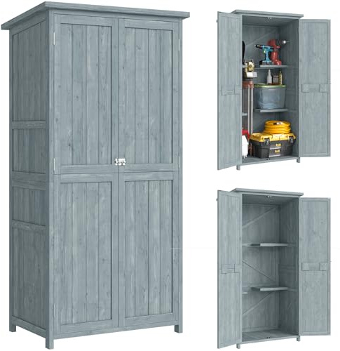 Outsunny Armadio da Giardino in Legno di Abete con Kit Antiribaltamento, Casetta Porta Attrezzi da Esterno con 2 Ante Bloccabili, 2 Ripiani, 10 Ganci, Tetto Inclinato Asfalto, 85x54x170 cm, Grigio