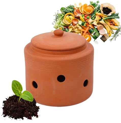 Relaxdays Vermicomposteur à enterrer, 3 L, HxD 17,5x18,5 cm, Couvercle, Terre Cuite, Jardin et Potager