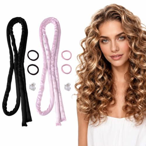 LMSAWK Lot de 2 Heatless Curls, Ruban à Boucler sans Chaleur pour la Nuit avec Pinces et Élastiques, Kit Bigoudis sans Chaleur pour Cheveux Longs et Mi-longs, Noir et Rose Poudré