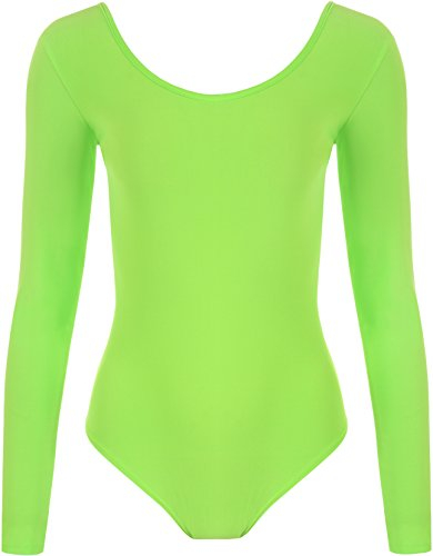 WearAll - Damen Body elastisch Langarm Bodysuit Top - Fluoreszierend Grün - 36-38