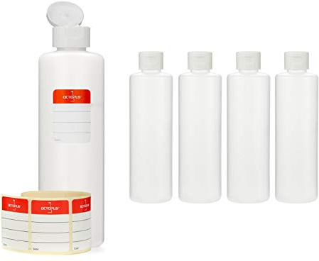 Octopus 5 x 250 ml Kunststoffflaschen, HDPE Plastikflaschen mit weißem Klappverschluss, Leerflaschen mit weißem Scharnierverschluss, Rundflaschen inkl. Beschriftungsetiketten