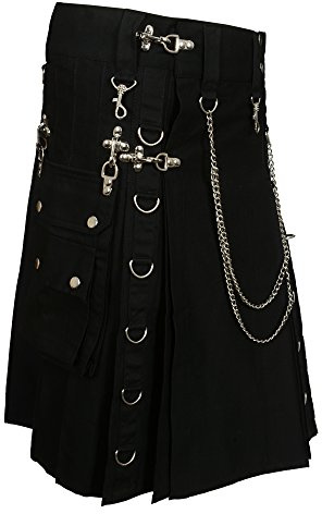 Scottish Designer Black Fashion Gothic Kilt with Silver Chains (Belly Button 38)